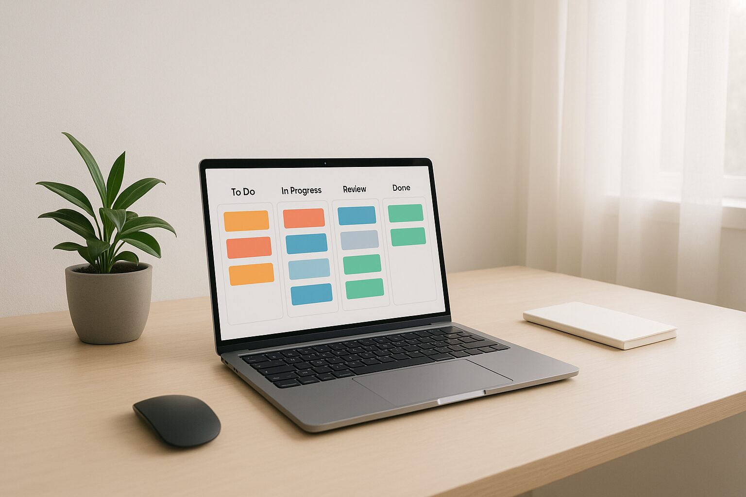 A minimalist workspace featuring a sleek laptop displaying a vibrant Kanban board on the screen. The desk is uncluttered with a single plant in a pot beside the laptop, creating a fresh and inviting atmosphere. Soft natural light streams in from a nearby window, illuminating the workspace.