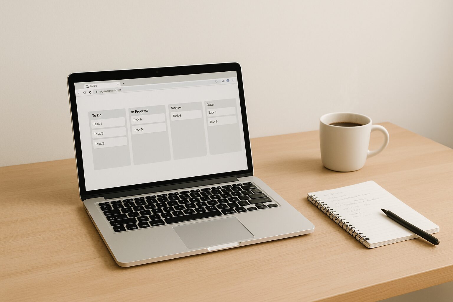 A minimalist workspace featuring a clean wooden desk with a laptop open on one side displaying a Trello board. On the other side is a notepad with scribbled notes and a cup of coffee steaming gently in the background. The overall ambience is bright and inviting, suggesting productivity and clarity.