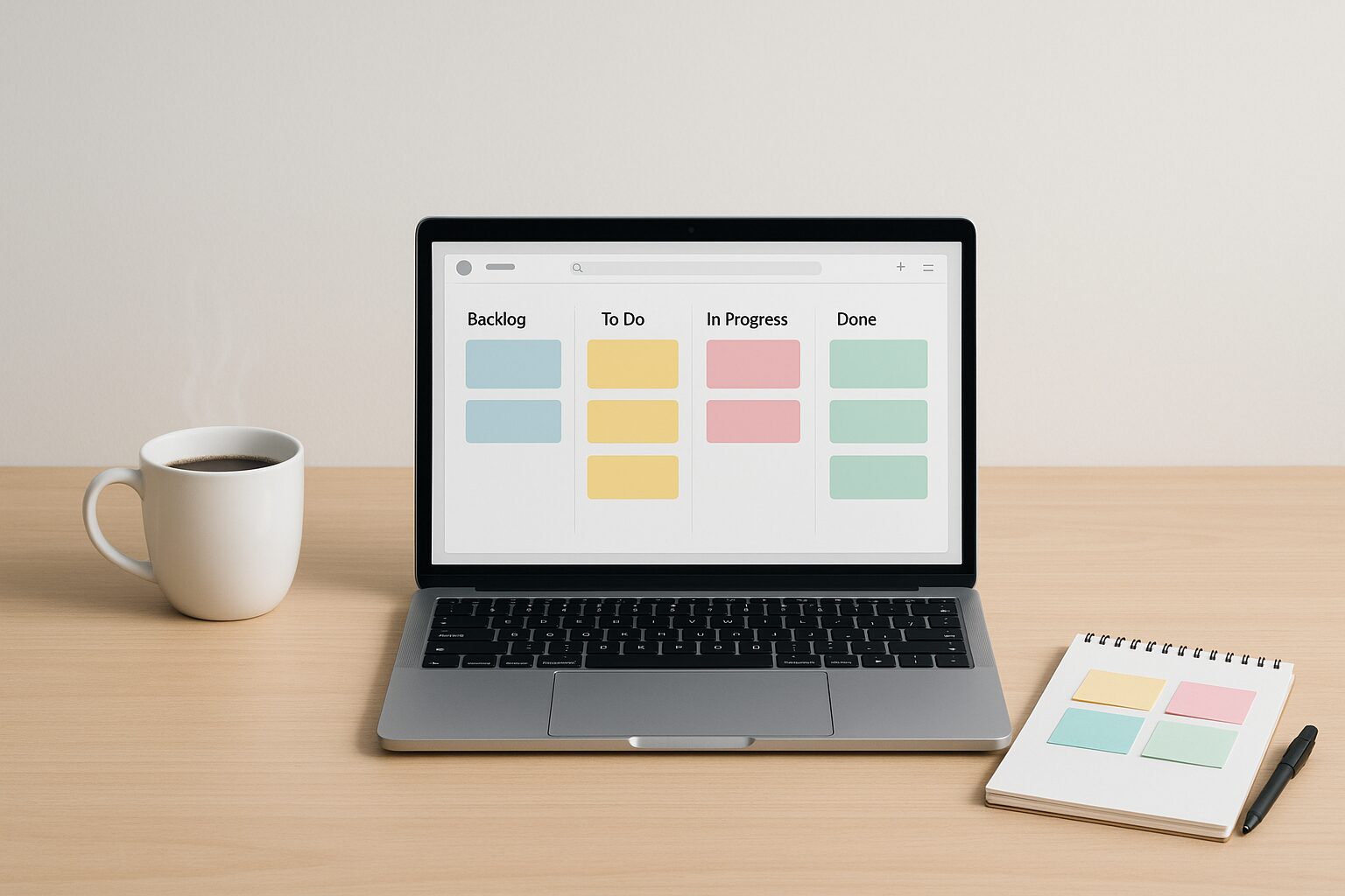 A minimalist workspace featuring a clean wooden desk with a laptop open to a project management tool interface, alongside a steaming cup of coffee and a notepad with colourful sticky notes, exuding an organised yet creative atmosphere.