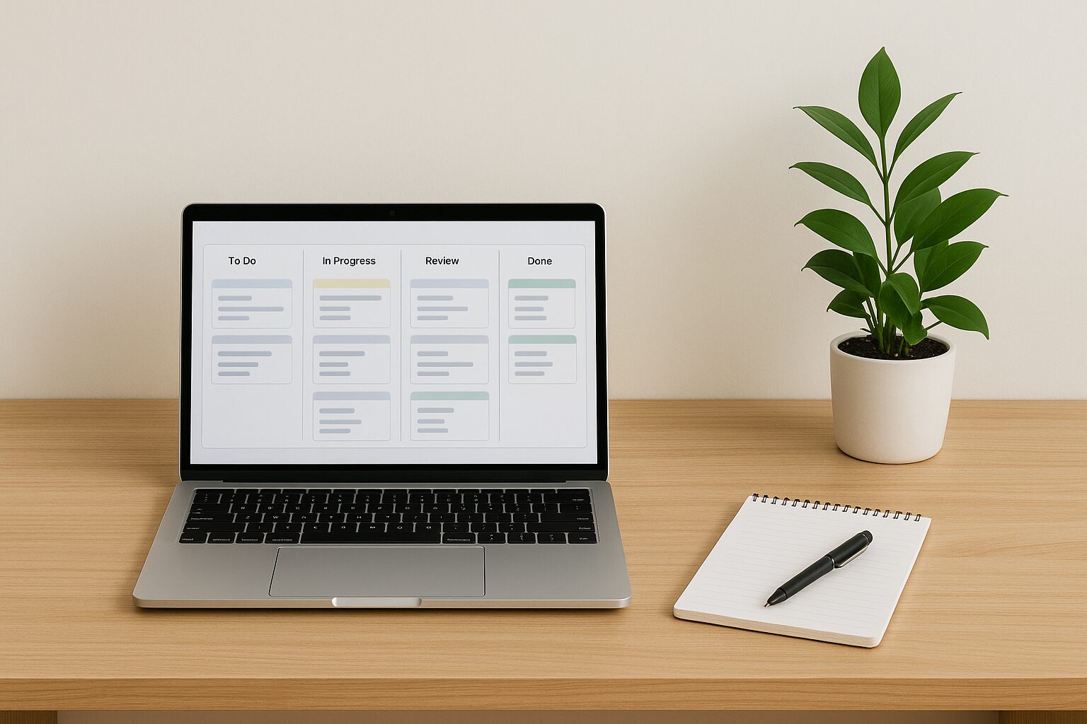 A minimalist workspace featuring a wooden desk with a sleek laptop open to a project management board on the screen. A notepad and pen lie beside the laptop, and a green plant adds a touch of freshness to the environment.