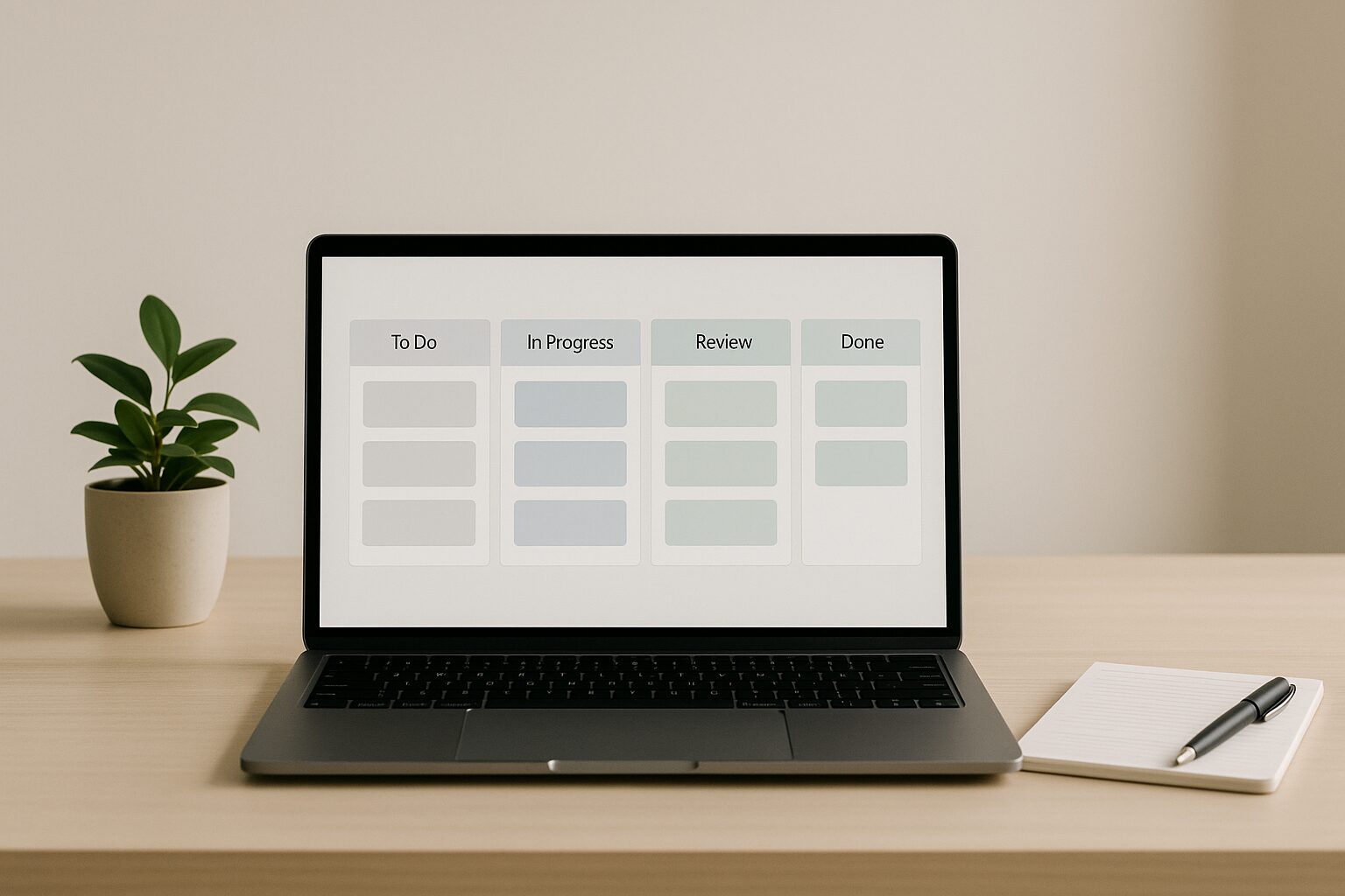 A minimalist workspace featuring a sleek laptop displaying a Kanban board on the screen. The background is softly blurred with neutral tones, highlighting a small plant and a notepad with a pen beside the laptop. The overall aesthetic conveys calmness and organisation, perfect for inspiring productivity.