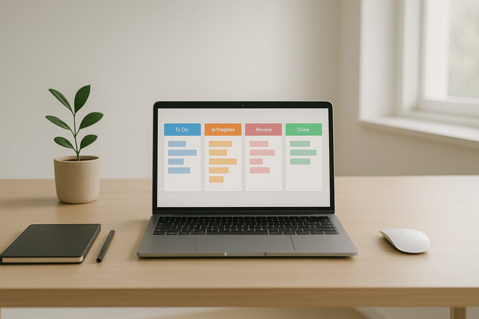 A minimalist workspace featuring a clean desk with a laptop open to a vibrant Kanban board on its screen. The background is softly blurred with natural light streaming in from a nearby window, casting gentle shadows that enhance the calm atmosphere.