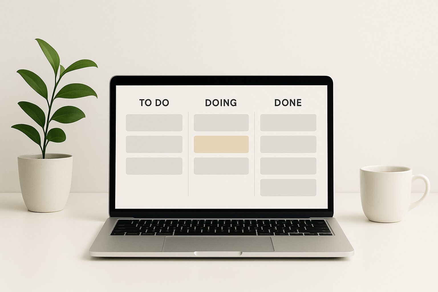 A minimalist image featuring a clean digital Kanban board displayed on a laptop screen. The background is a bright, uncluttered workspace with a potted plant and a steaming cup of coffee beside the laptop, creating an inviting atmosphere for productivity.