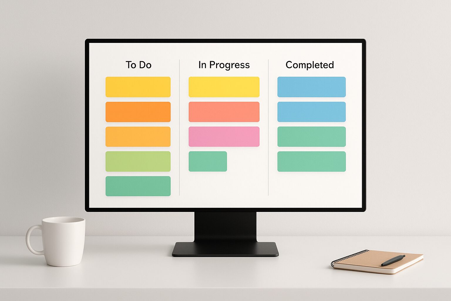 A sleek and minimalist digital workspace showing an organised Kanban board on a computer screen. The screen displays vibrant coloured cards representing various tasks arranged in columns labelled 'To Do', 'In Progress', and 'Completed'. A soft glow emanates from the screen against a clean white desk background with a coffee mug and notepad beside it.