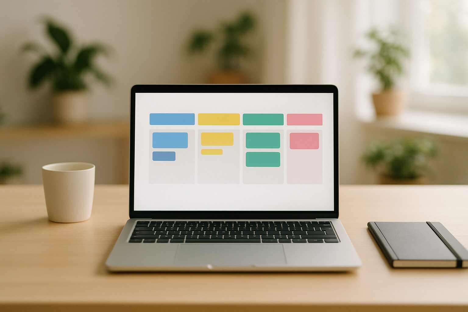 A minimalist image featuring a clean desk setup with a laptop displaying a colourful Kanban board on its screen. The background is softly blurred, showcasing a cozy workspace with plants and natural light streaming in, creating an inviting atmosphere for productivity.