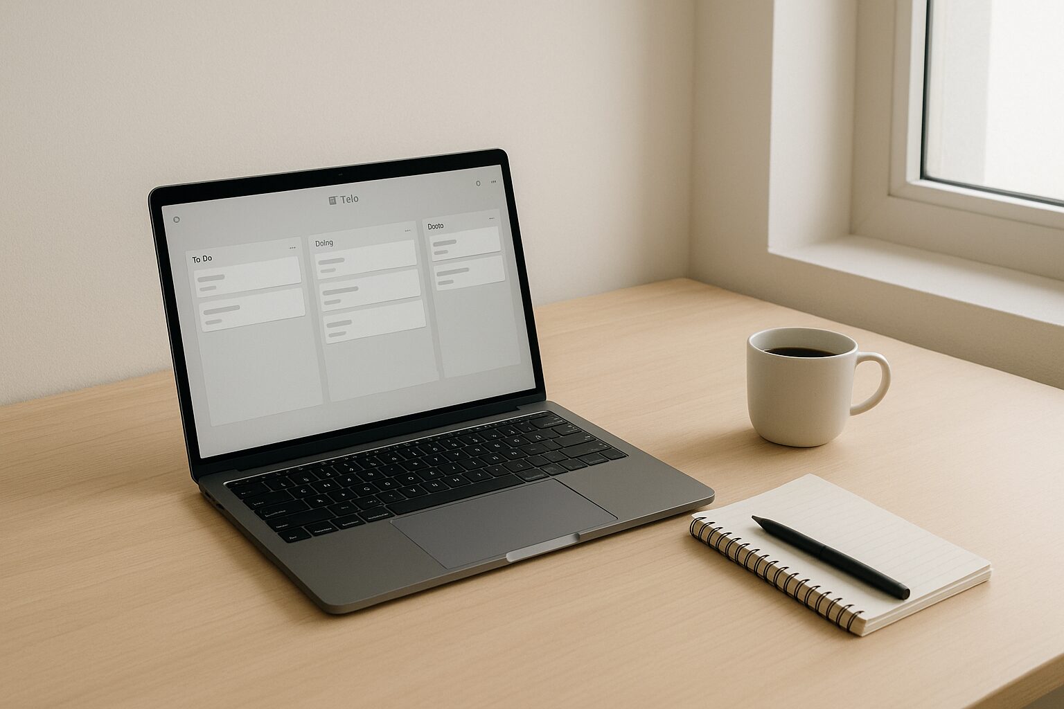 A minimalist workspace featuring a sleek laptop open on a wooden desk with a Trello board displayed on the screen. Natural light filters in through a nearby window, casting soft shadows on a notepad and a cup of coffee beside the laptop.