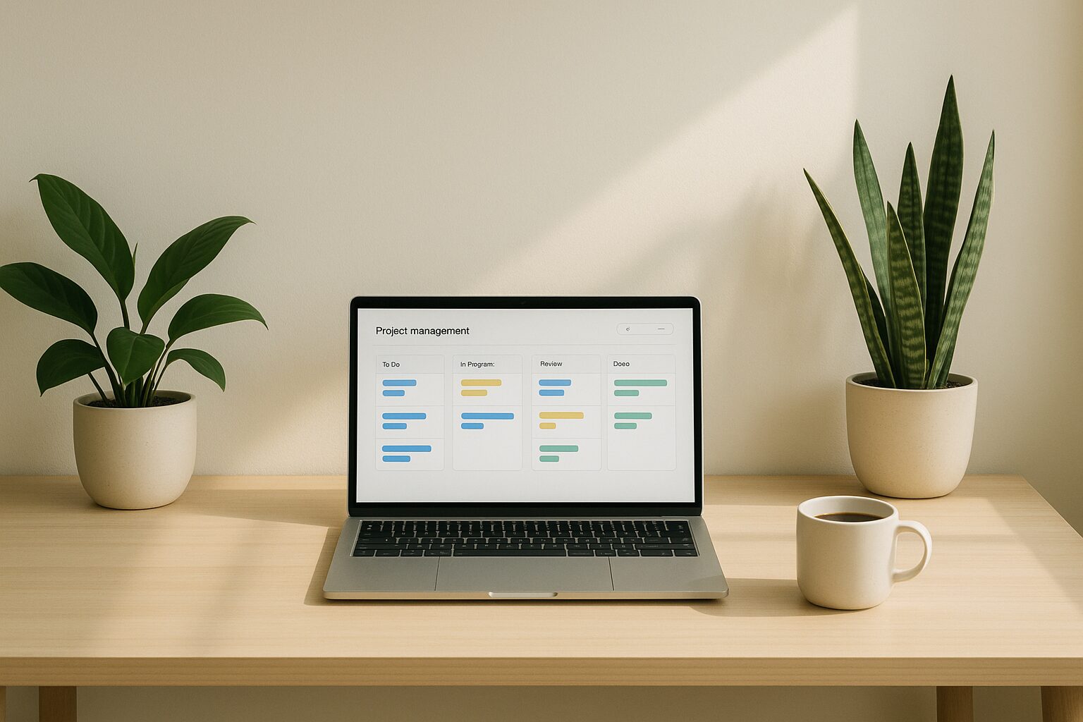 A minimalist workspace featuring a clean desk with a laptop open to a project management dashboard, surrounded by potted plants and a cup of coffee. The sunlight gently illuminates the scene, creating a calm and focused atmosphere.