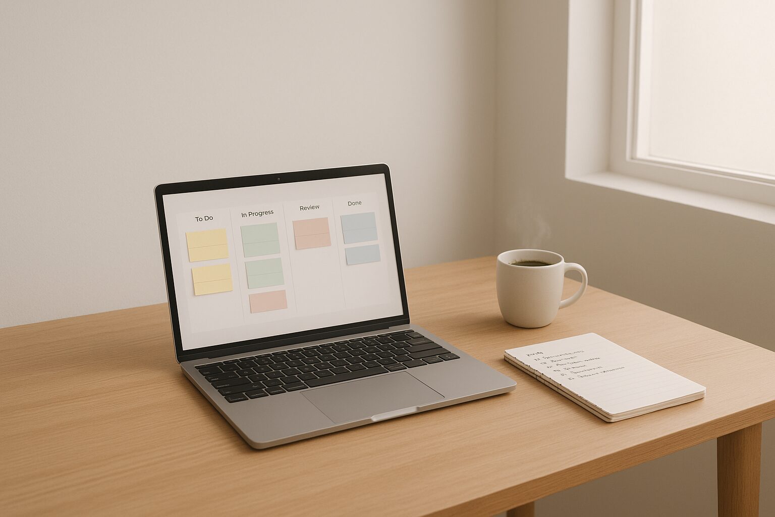 A minimalist workspace featuring a sleek wooden desk with a laptop displaying a Kanban board on the screen. A notepad with neatly written task lists sits beside a steaming cup of coffee, while soft natural light filters in through a nearby window, creating a calm and focused atmosphere.