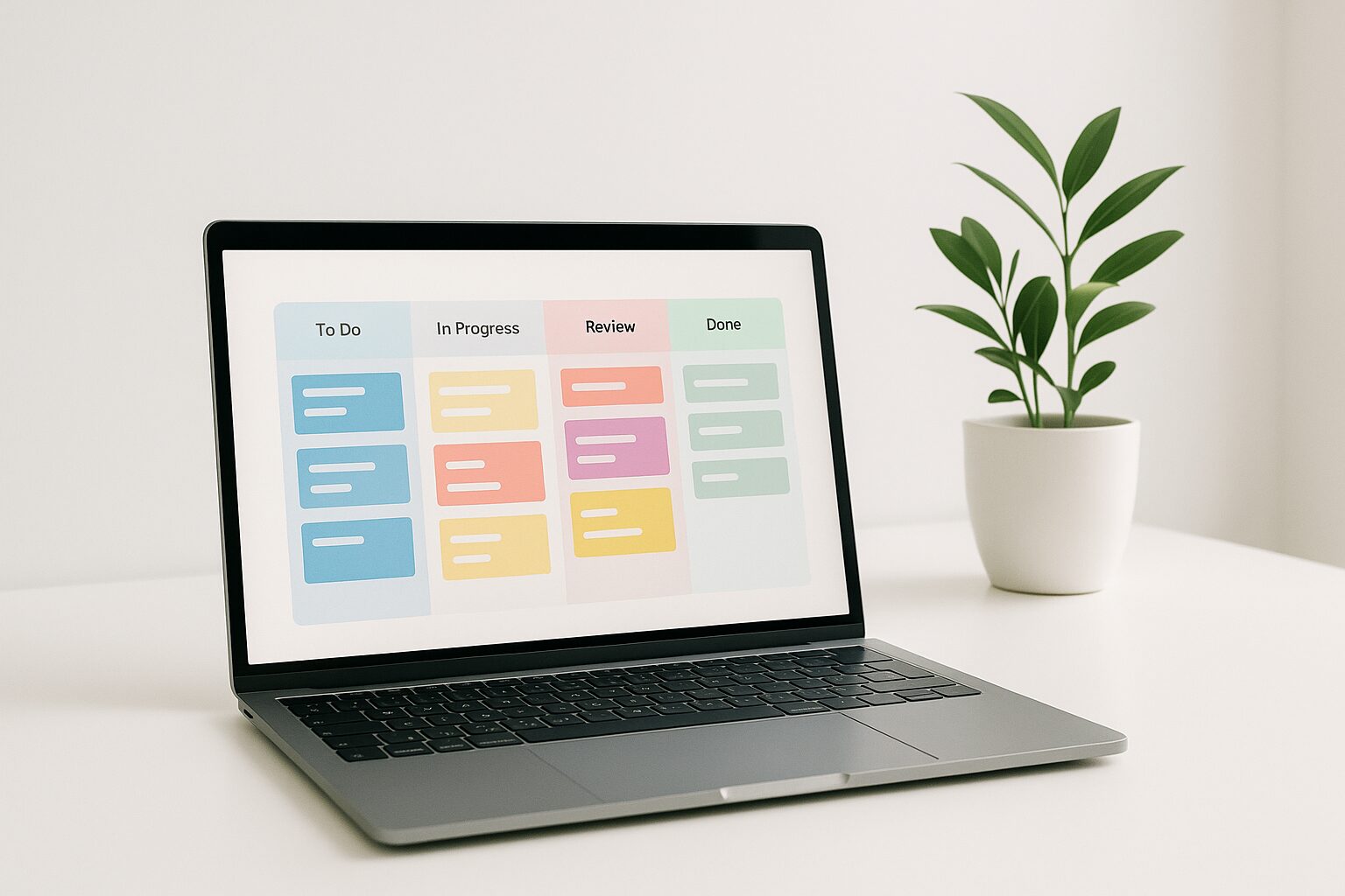 A minimalist image featuring a sleek laptop on a clean desk with a plant in the background. The screen displays a colourful Kanban board filled with tasks in different stages of completion. The overall aesthetic is bright and airy, evoking a sense of calm and focus.