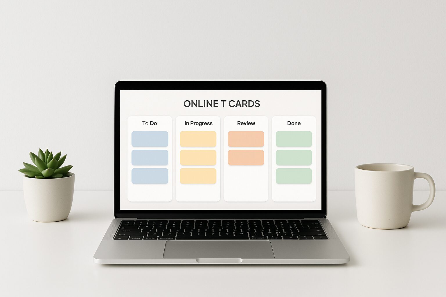 A minimalist workspace featuring a sleek laptop open to an Online T Cards board displaying colourful Kanban cards. The background is a clean white desk with a potted succulent and a simple coffee mug, creating an inspiring atmosphere for productivity.
