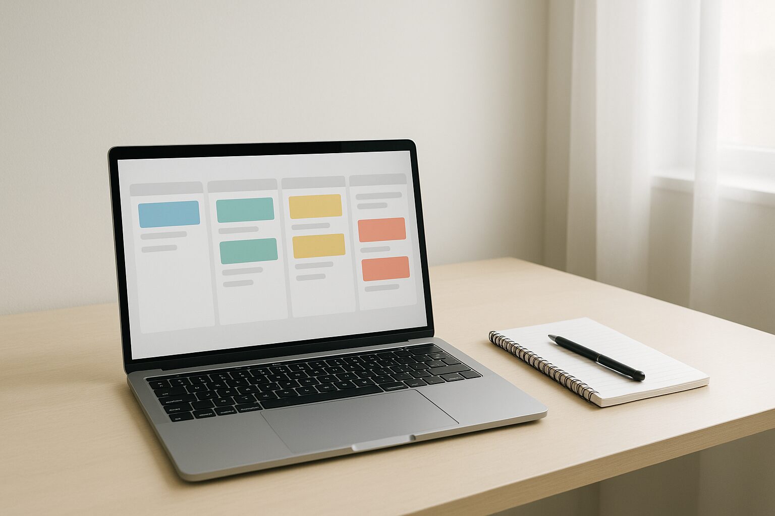 A minimalist workspace featuring a sleek laptop open to a digital Kanban board. The screen displays colourful task cards arranged neatly in columns, while a notepad and pen lie beside it on a clean desk. Soft natural light filters through a nearby window, illuminating the simplicity and organisation of the workspace.