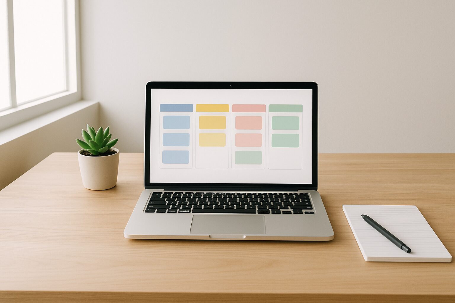 A minimalist workspace featuring a clean wooden desk with a laptop open to a vibrant Kanban board on the screen. A potted succulent adds a touch of greenery, while a notepad and pen sit neatly beside the laptop. Natural light streams in from a nearby window, casting soft shadows and creating an inviting atmosphere for productivity.