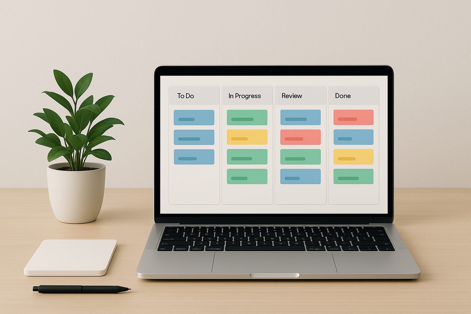 A minimalist image featuring a clean workspace with a laptop open to a project management dashboard, displaying Kanban boards filled with colourful task cards. A potted plant sits nearby, adding a touch of greenery to the scene.