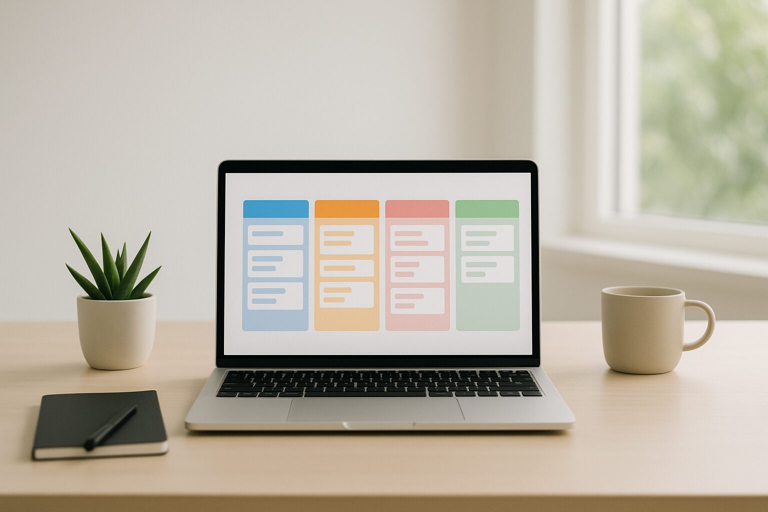 A minimalist workspace featuring a clean desk with a laptop open displaying a vibrant Kanban board on the screen. The background is softly blurred with greenery peeking through a window, symbolising productivity and clarity.