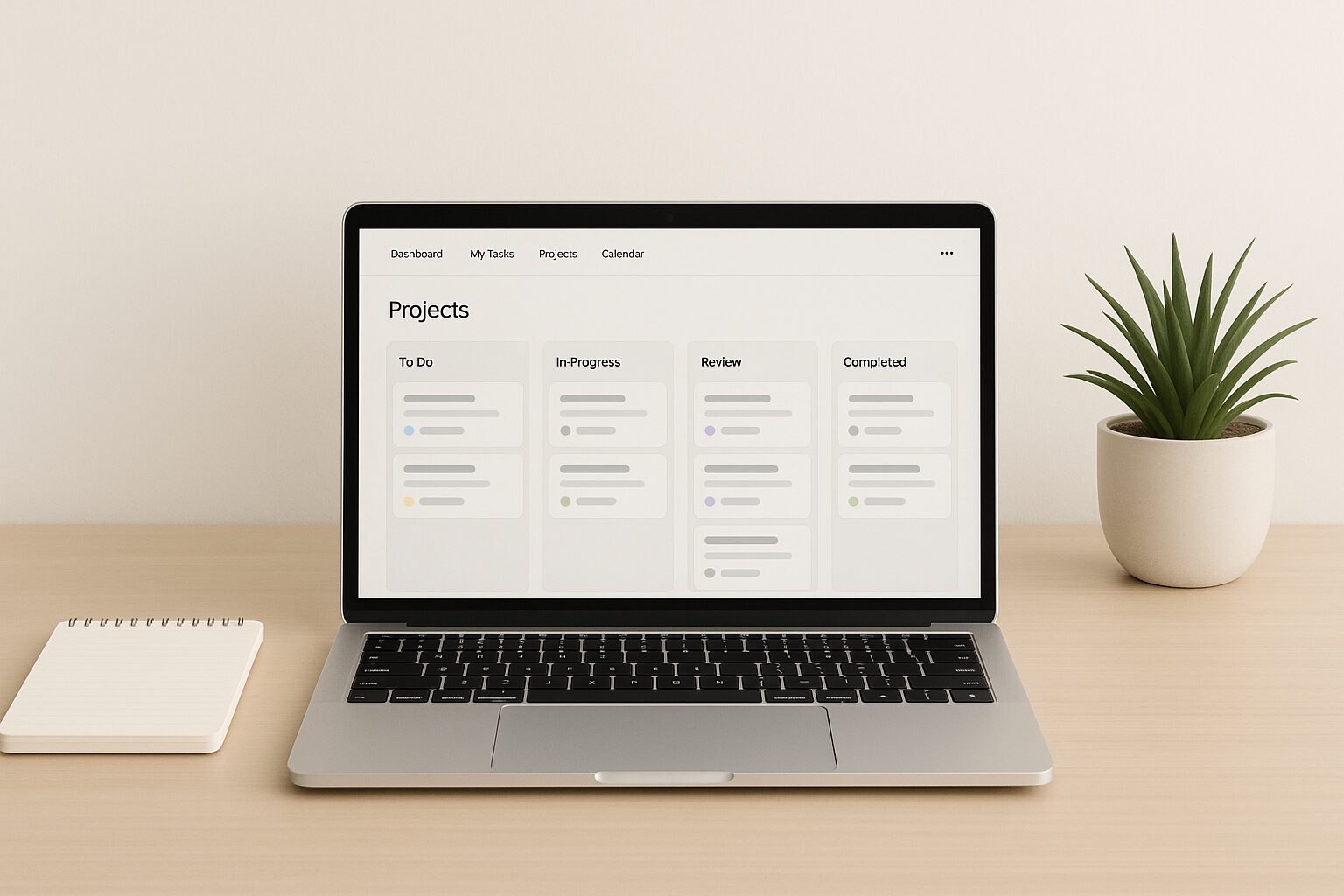 A minimalist image featuring a clean workspace with a sleek laptop open to a project management dashboard. The desk is uncluttered, with only a notepad and a potted plant in sight, creating an inviting atmosphere that suggests productivity and clarity.