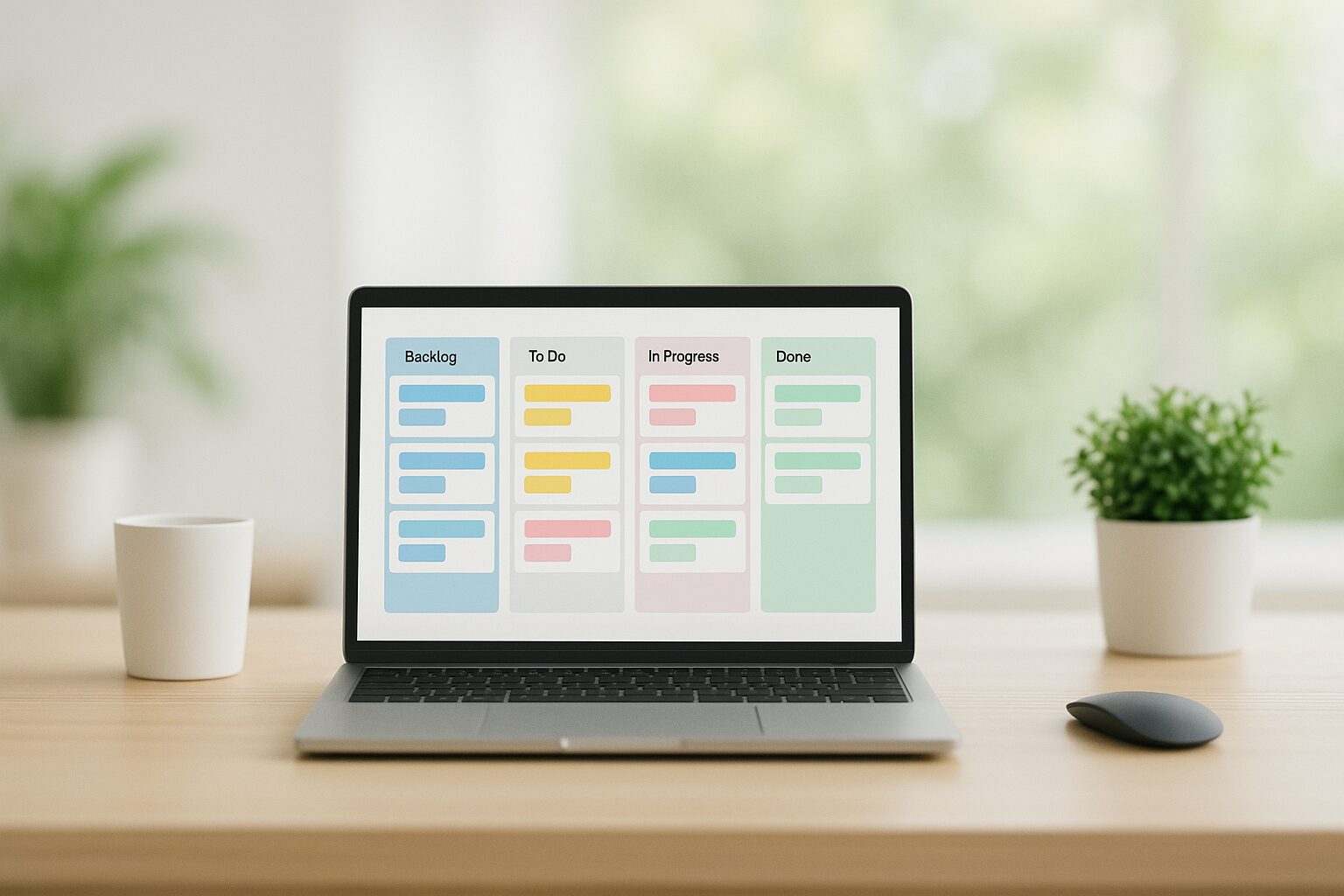 A minimalist workspace featuring a clean wooden desk with a sleek laptop open to a vibrant Kanban board displayed on the screen. The background is softly blurred with greenery, giving a fresh and inspiring feel.