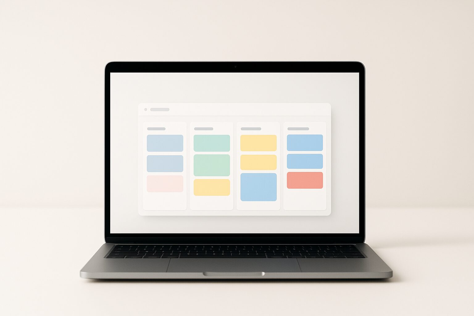 A minimalist image showcasing a sleek digital workspace on a laptop screen, displaying vibrant Kanban boards with colourful task cards. The background is softly blurred, emphasizing the focus on the digital interface, which is clean and organised.