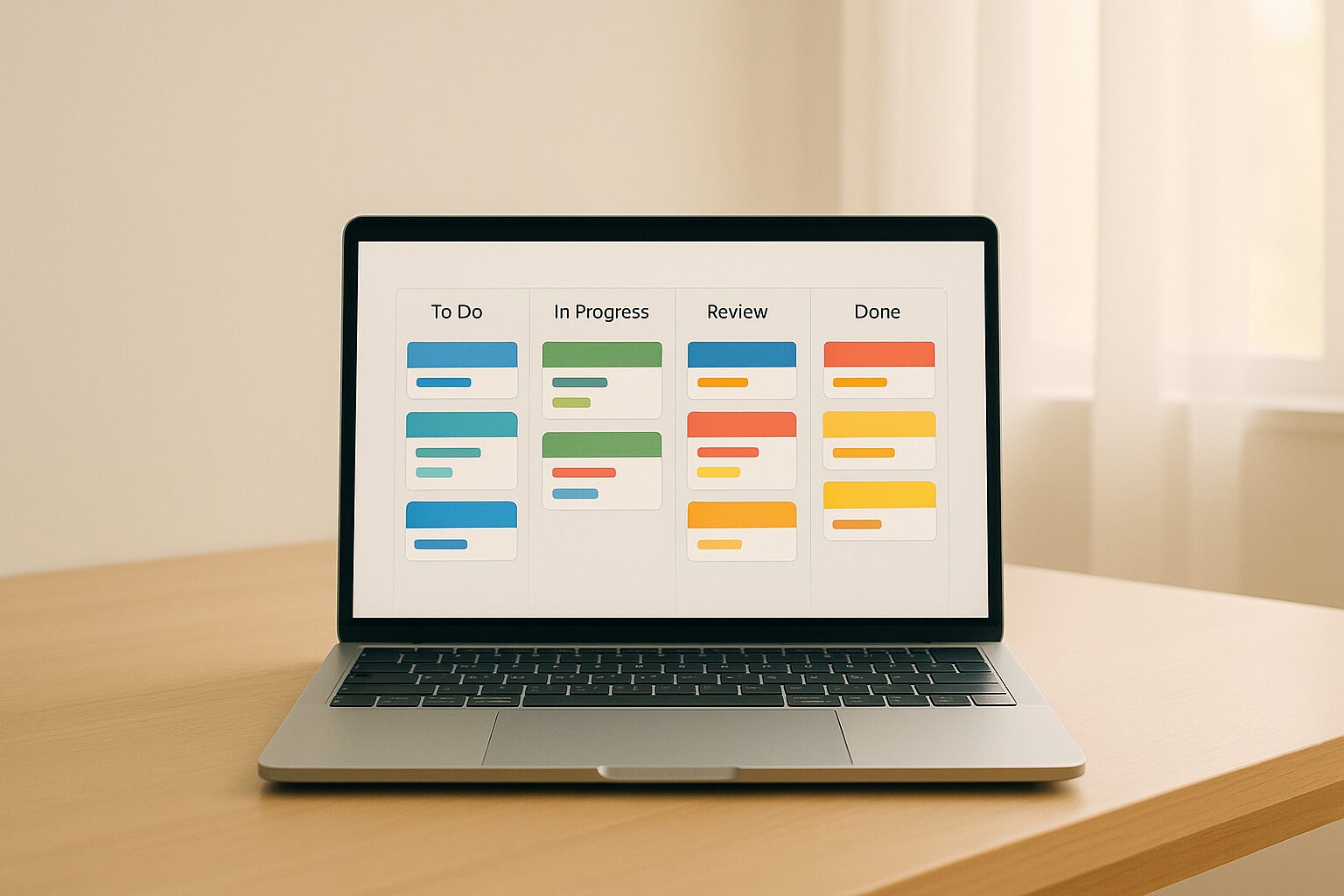 A minimalist image featuring a sleek laptop set on a wooden desk, with an open screen displaying a colourful Kanban board filled with various task cards. The background includes soft natural light filtering through a window, creating a warm and inviting workspace atmosphere.