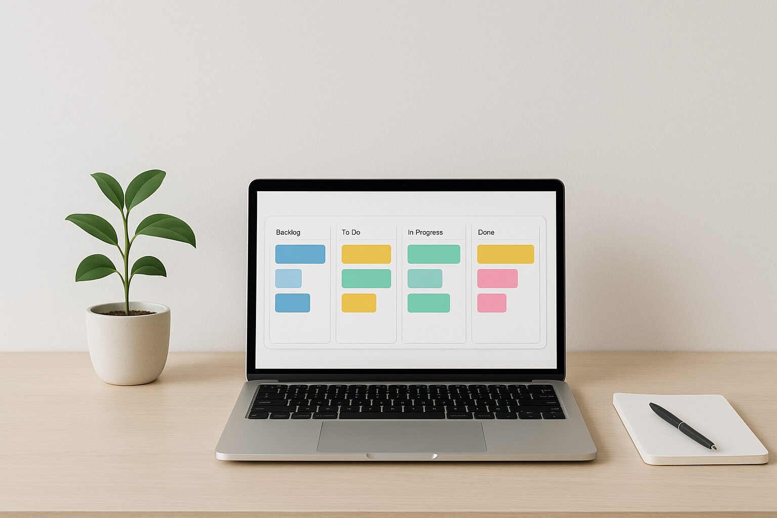 A minimalist workspace featuring a clean desk with a laptop open to a project management tool interface displaying colourful Kanban boards. A plant adds a touch of greenery, and there’s a notepad and pen neatly placed beside the laptop, suggesting a productive yet serene environment.