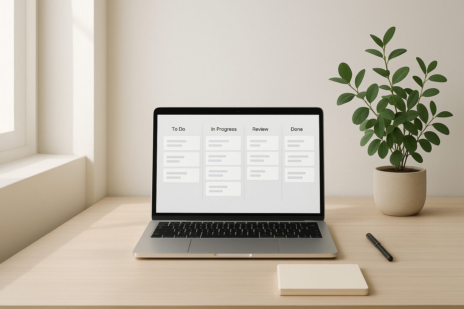 A minimalist workspace featuring a clean desk with a laptop open displaying a Kanban board interface. Soft natural light filters through a nearby window, casting gentle shadows on a potted plant beside the laptop. The overall aesthetic conveys simplicity and efficiency, ideal for inspiring productivity.
