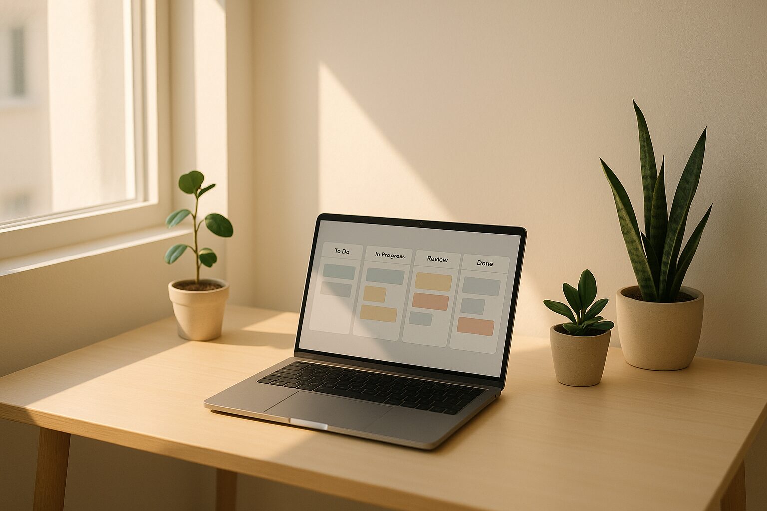 A minimalist workspace featuring a clean desk with a laptop open to a Kanban board interface, surrounded by a few potted plants. The sunlight streams in through a nearby window, creating a warm and inviting atmosphere perfect for productive work.