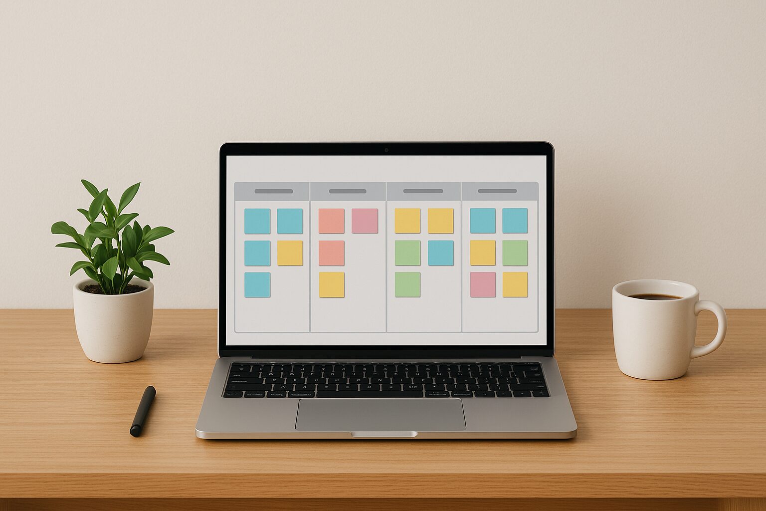 A minimalist workspace featuring a clean wooden desk with a laptop displaying a Kanban board interface. The screen showcases colourful sticky notes representing various tasks arranged neatly in columns. A small plant adds a touch of greenery, while a coffee cup sits nearby, suggesting a productive atmosphere.