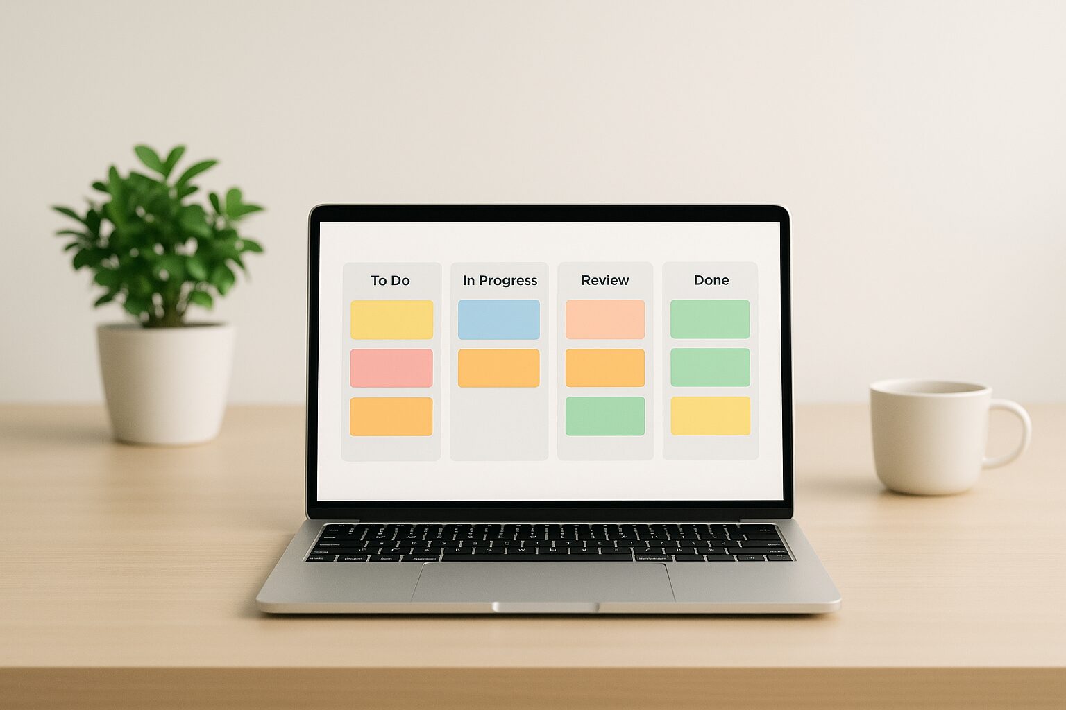 A minimalist image showcasing a sleek computer desk with a laptop open to a vibrant Kanban board interface. The background is softly blurred, highlighting a potted plant and a coffee cup, creating an atmosphere of productivity and calm.