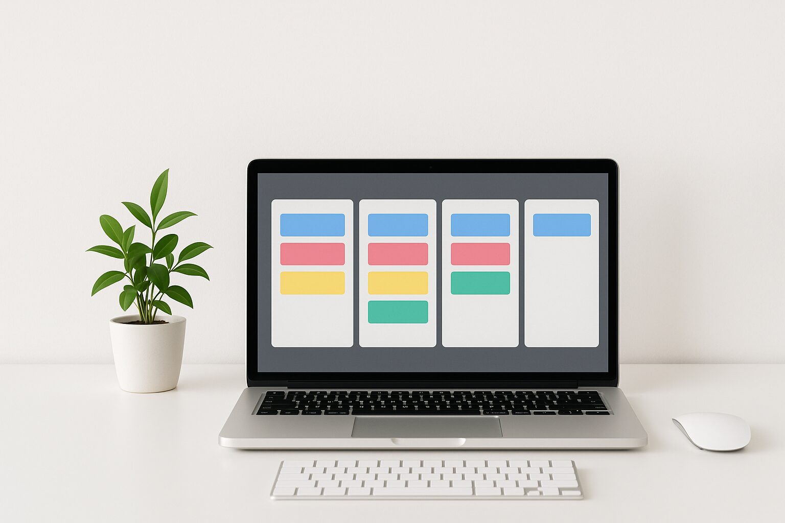 A minimalist workspace featuring a clean white desk with a sleek laptop open to a digital Kanban board. The screen displays vibrant coloured cards neatly arranged in columns, symbolising tasks at different stages of completion. A small potted plant adds a touch of greenery, enhancing the calm yet productive atmosphere.