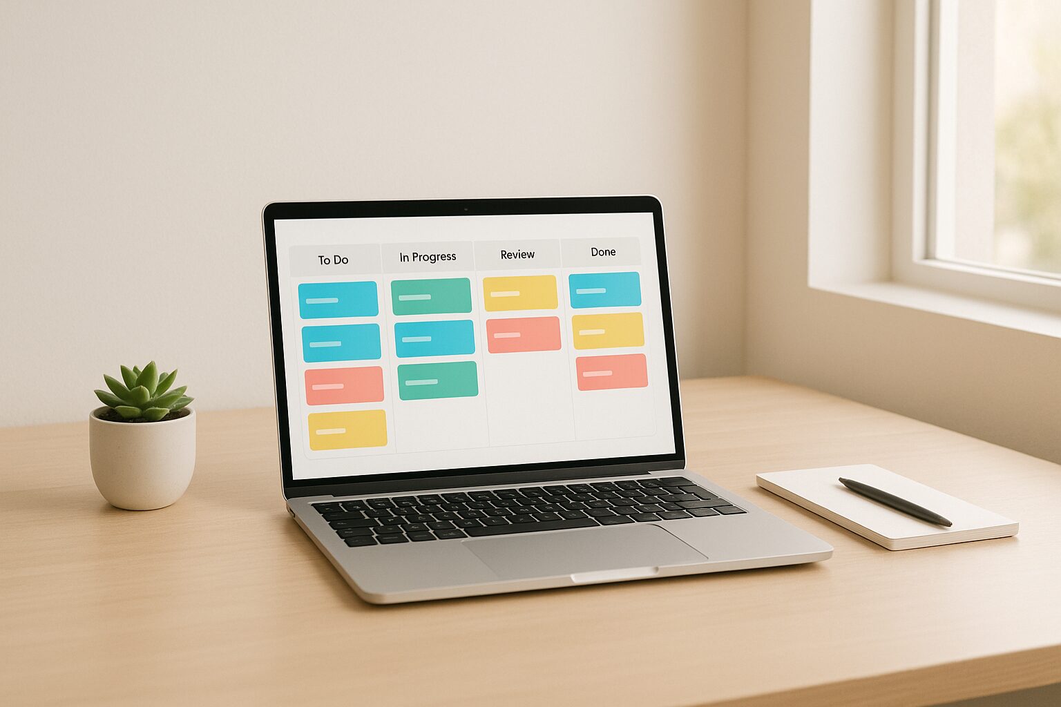 A minimalist workspace featuring a sleek laptop open to a vibrant Kanban board on the screen. The desk is tidy, adorned with a small succulent plant and a simple notepad beside the laptop. Natural light streams in from a nearby window, creating a warm and inviting atmosphere that encourages productivity.