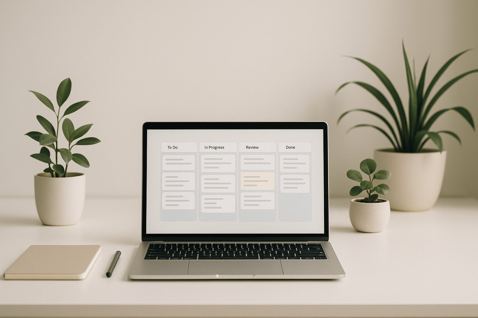A minimalist workspace featuring a clean desk with a laptop open to a project management board, surrounded by a few potted plants. The background is softly blurred, creating a calm and focused atmosphere.