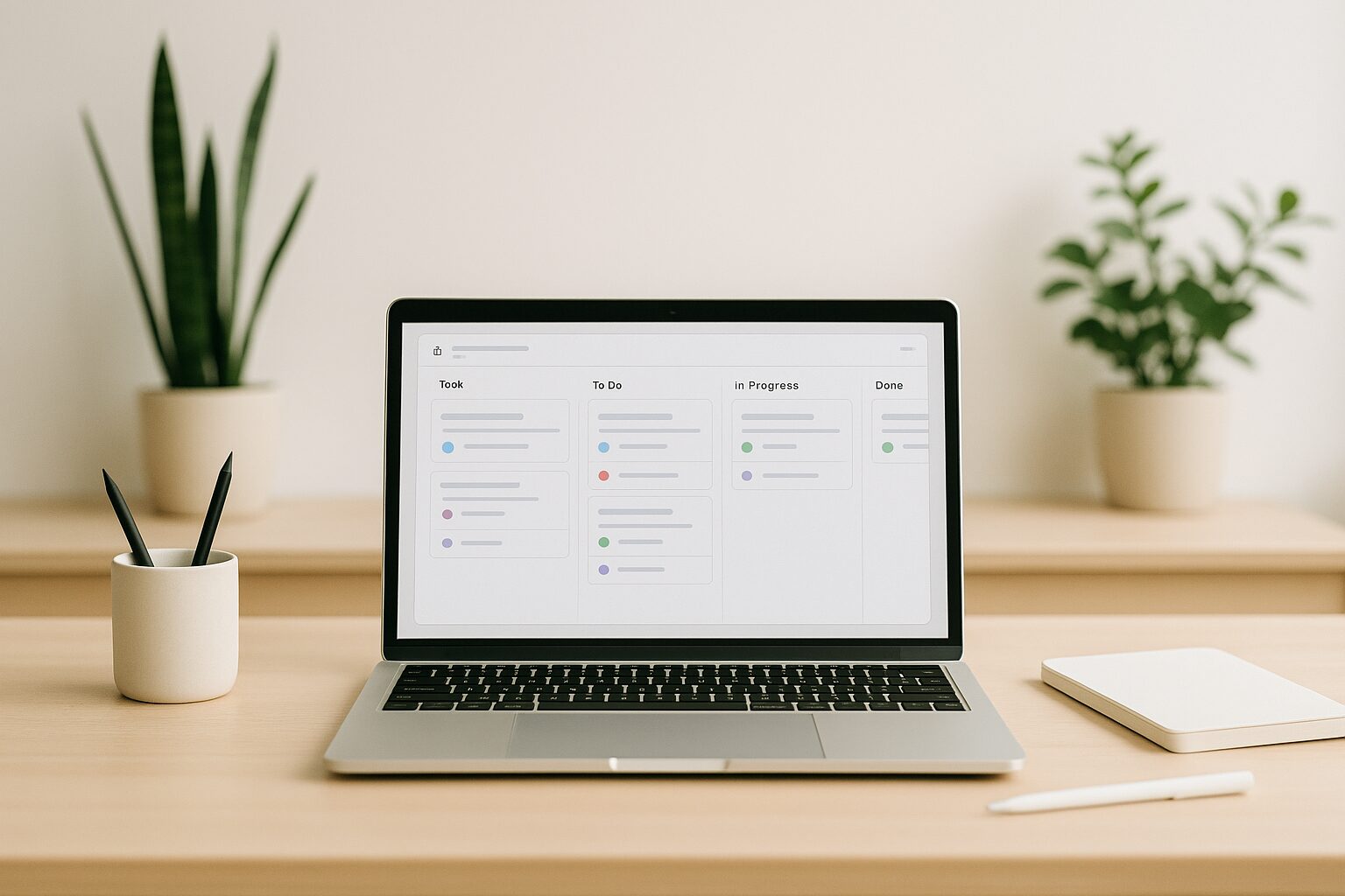A minimalist workspace image featuring a clean desk with a laptop open to a project management tool interface. The background is softly blurred with plants in view, creating a serene environment that inspires productivity.