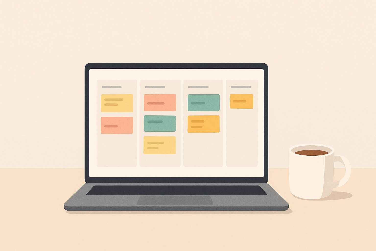A minimalist image depicting a sleek laptop displaying a digital Kanban board filled with colourful task cards. The background is clean and uncluttered, featuring soft pastel colours that evoke a sense of calm and organisation. A cup of coffee sits beside the laptop, suggesting a productive work session.