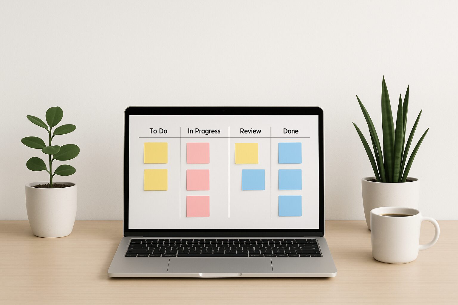 A minimalist image depicting a sleek workspace featuring a laptop open to a project management board, surrounded by a few potted plants and a cup of coffee. The board displays colourful sticky notes representing various tasks in a Kanban format, embodying the essence of organisation and clarity.