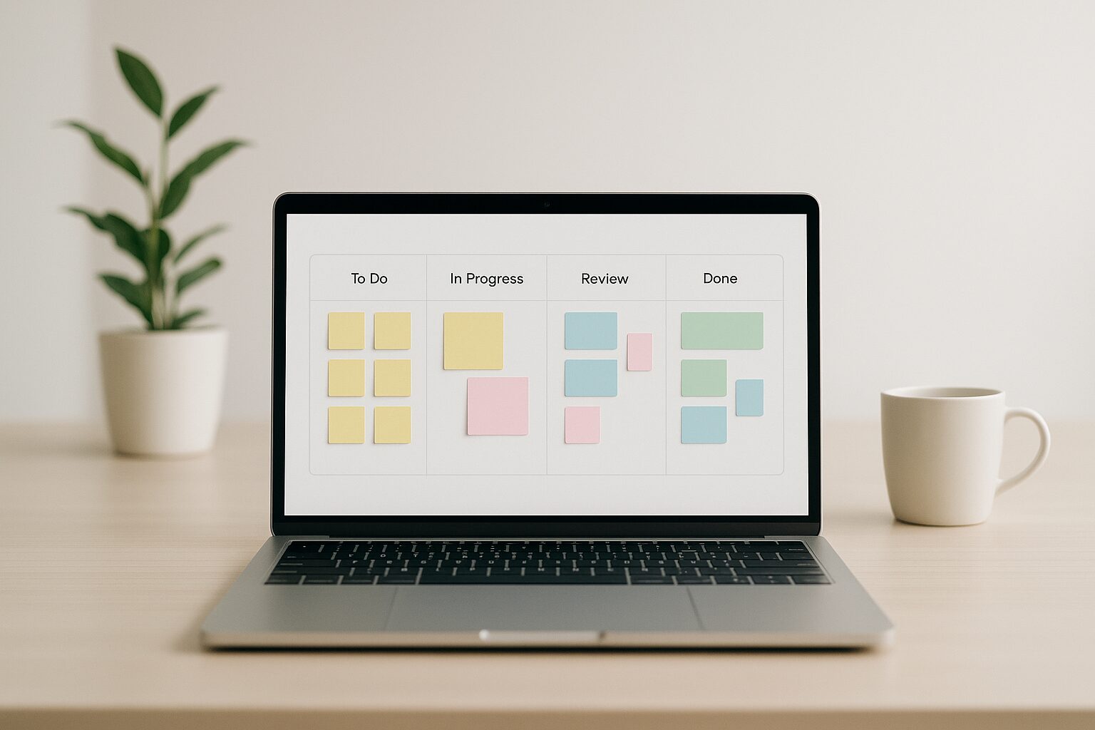 A minimalist image featuring a clean workspace with a laptop open to a project management dashboard displaying colourful Kanban boards and sticky notes. The background is softly blurred, showcasing a plant and a coffee cup on the desk, evoking a sense of productivity and calm.