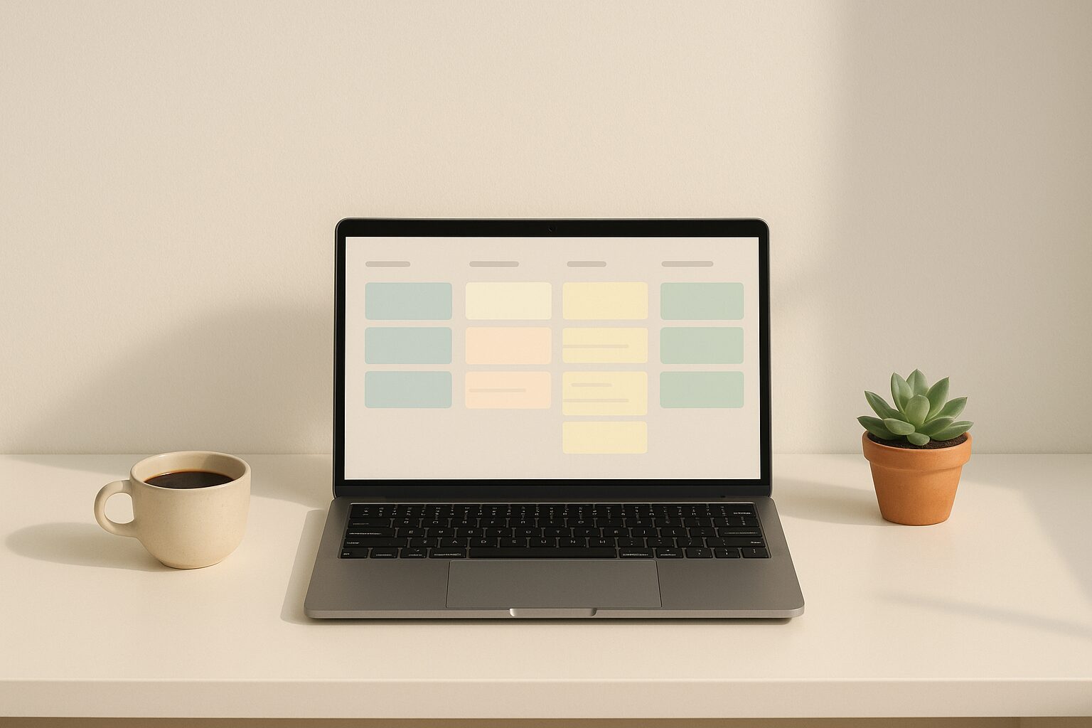 A minimalist scene: a white desk bathed in soft morning light, a slim laptop open to a clean kanban board with pastel-coloured cards in neat columns. Beside the laptop sits a small ceramic cup of black coffee and a single green succulent in a terracotta pot. The wall behind is plain, emphasising the tidy digital board on screen; subtle shadows and restrained colour give a calm, organised feeling.