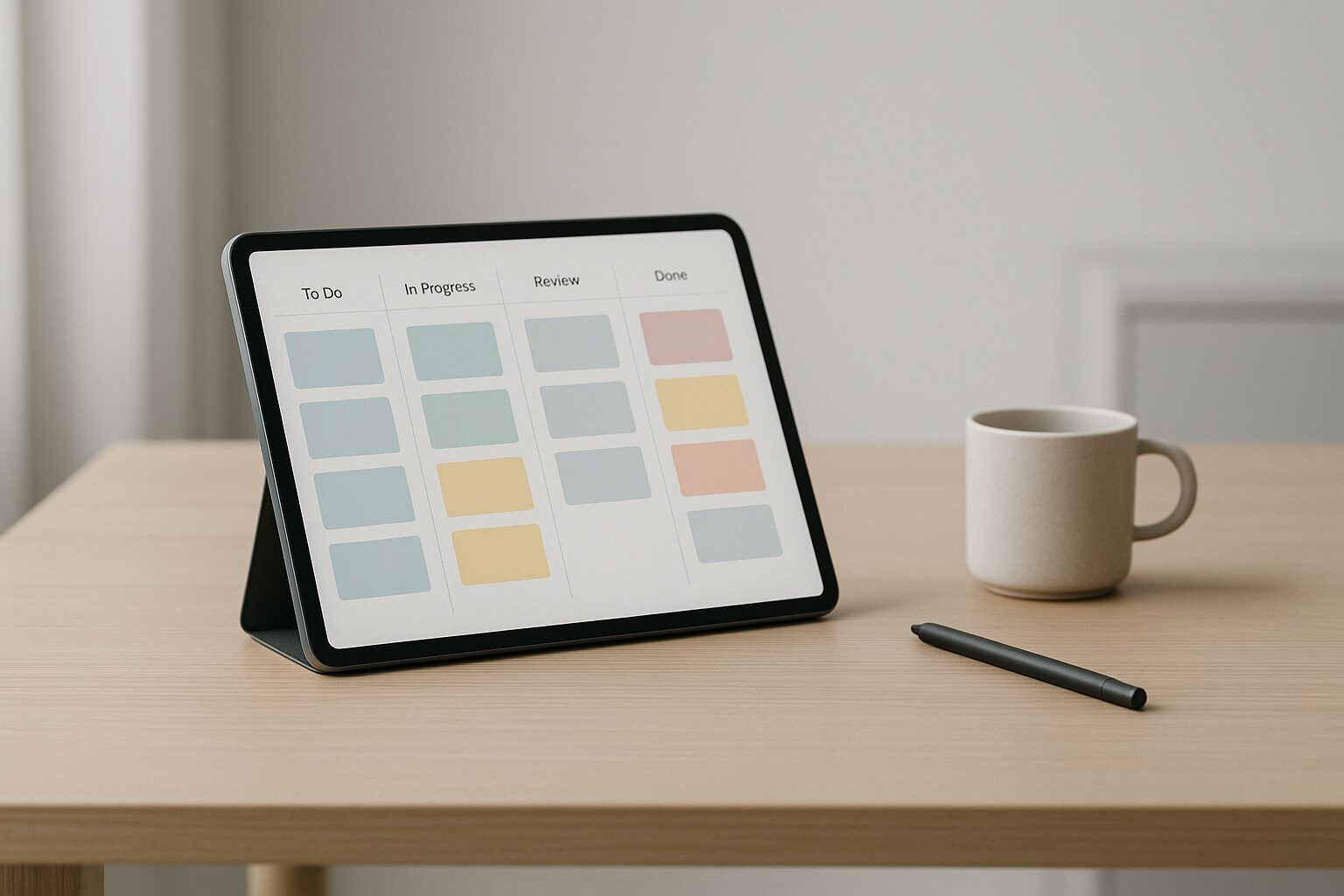 A minimalist scene: a light oak desk with a slim tablet propped at slight angle showing a clean kanban board with colourful digital T-cards; soft natural light from the left casts gentle shadows, a single black pen and a small ceramic mug sit beside the tablet, and a blurred background suggests a tidy office. The overall palette is muted greys and pastels, emphasising clarity and calm.