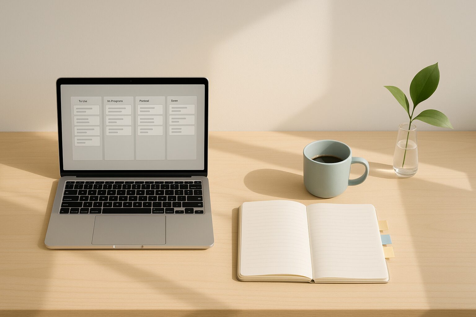 A minimalist, sunlit workspace shot from above: a clean wooden desk with a single laptop displaying a kanban board, a neat paper notebook with sticky tabs, a pastel-blue ceramic mug half-filled with coffee and a single green leaf in a short glass vase. The composition is airy with soft shadows, a muted colour palette of creams and blues, and plenty of negative space to emphasise simplicity and focus.