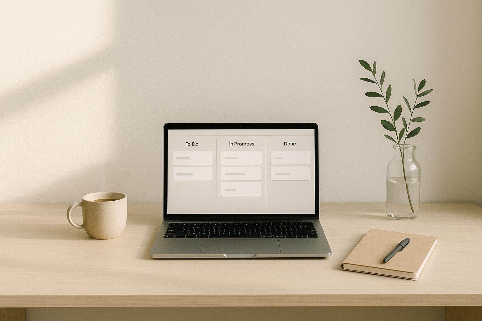 A minimalist scene: a pale wooden desk bathed in soft morning light, with a slim laptop open to a simple kanban board showing three columns labelled 'To Do', 'In Progress' and 'Done'. Beside the laptop sits a single notebook with a pen, a small ceramic mug of coffee sending wisps of steam, and a sprig of greenery in a glass jar. The overall palette is neutral — warm creams and muted greys — conveying calm, focus and uncomplicated productivity.
