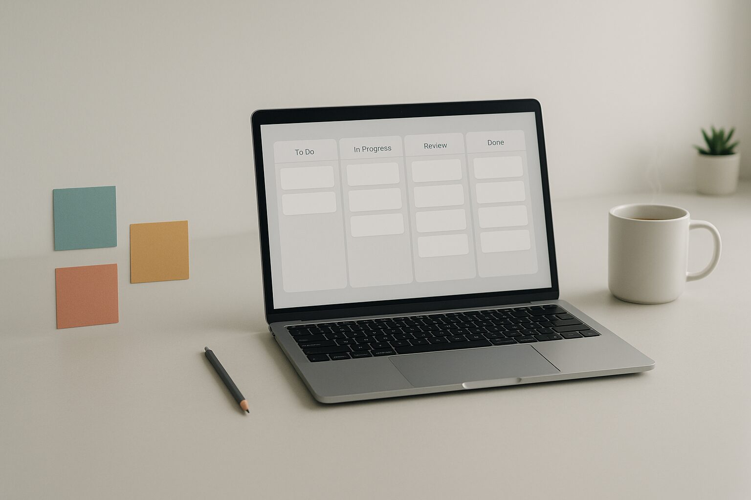 A minimalist workspace image: a slim laptop open to a clean Kanban board, three muted sticky notes in teal, ochre and coral neatly arranged to the left, a single graphite pencil casting a soft shadow, and a simple white ceramic mug with a faint steam curl on a matte pale grey desk. The background is uncluttered, with soft natural light and a hint of a potted succulent out of focus, suggesting calm and organised productivity.