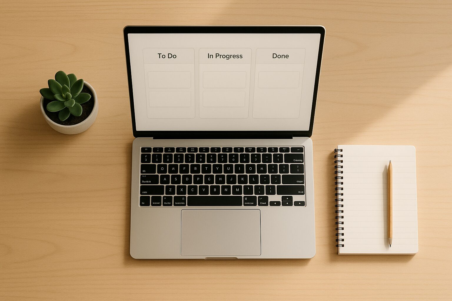 A minimalist photograph of a clean wooden desk seen from above: an open laptop showing a simple Kanban board with three columns, a single succulent pot to the left, a neat notepad with a pencil on the right, and soft natural light catching the edge of the screen. The composition emphasises calm organisation, uncluttered space and approachable productivity.