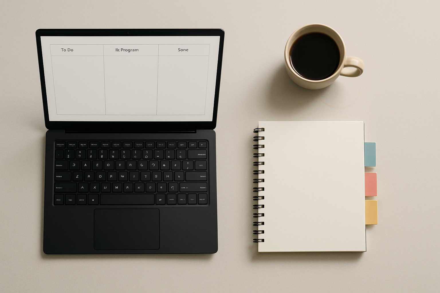 A minimalist image showing a pale grey desk from above with a single matte-black laptop open to a blank Kanban board. To the right, a neat notepad with three coloured sticky tabs (muted teal, soft coral, warm mustard) marks priorities. A thin ceramic cup of black coffee leaves a faint ring on the desk surface. The composition uses lots of negative space, soft natural light from the left, and a restrained palette to convey calm, focus and organised workflow.