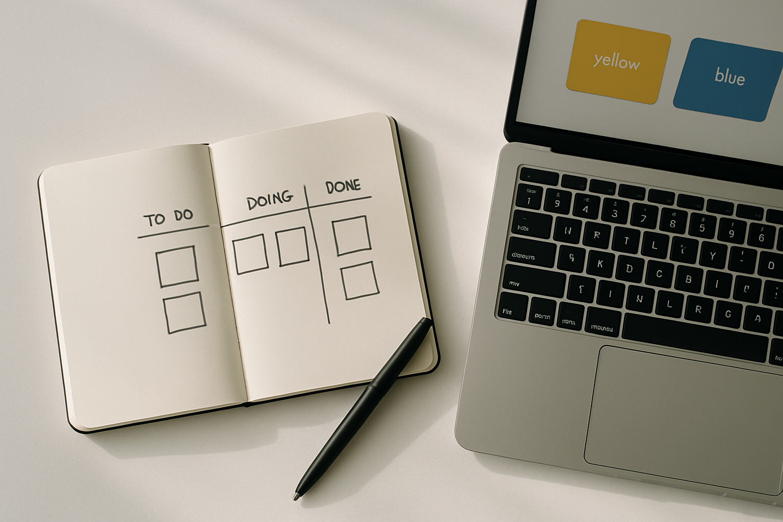 A minimalist flat-lay photograph: a clean white desk with a single open notebook showing a simple kanban sketch (To do, Doing, Done), a slim laptop with two colourful digital cards partially visible on screen, a black pen placed diagonally, and soft natural light casting gentle shadows — the composition emphasises simplicity, clarity and focused productivity.
