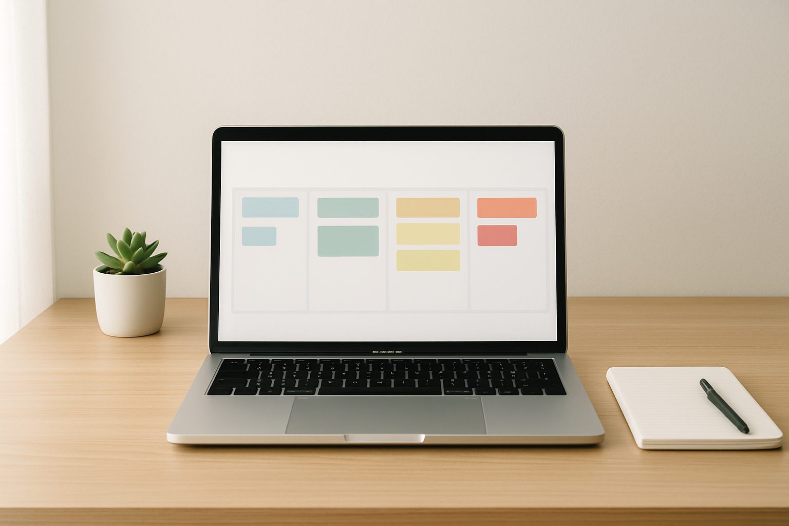 A minimalist workspace image: a clean wooden desk with a single laptop open to a kanban board, soft natural light from the left, a neat notebook and pen to the right, and a small potted succulent in the background. The screen shows simple coloured cards and columns, evoking clarity and focus.