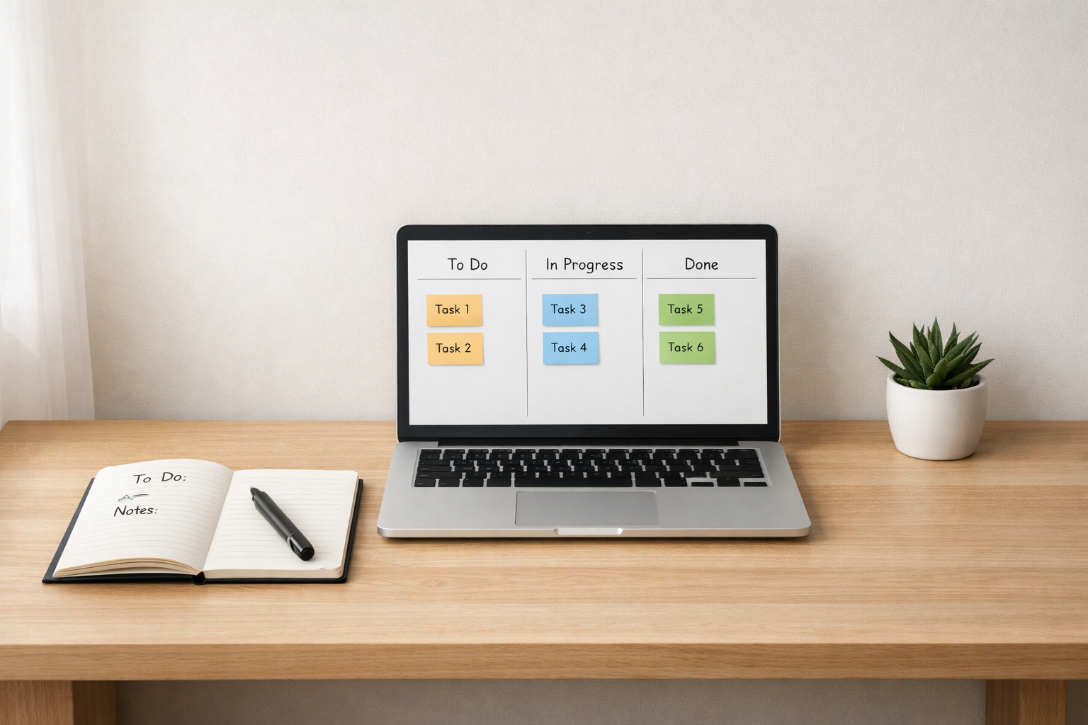 A minimalist desktop scene: a clean wooden desk with a single laptop displaying a simple kanban board, a notebook with neat headings, a black pen, and a small potted plant. Soft natural light from the left casts gentle shadows, emphasising a calm, organised workspace focused on clarity and productivity.