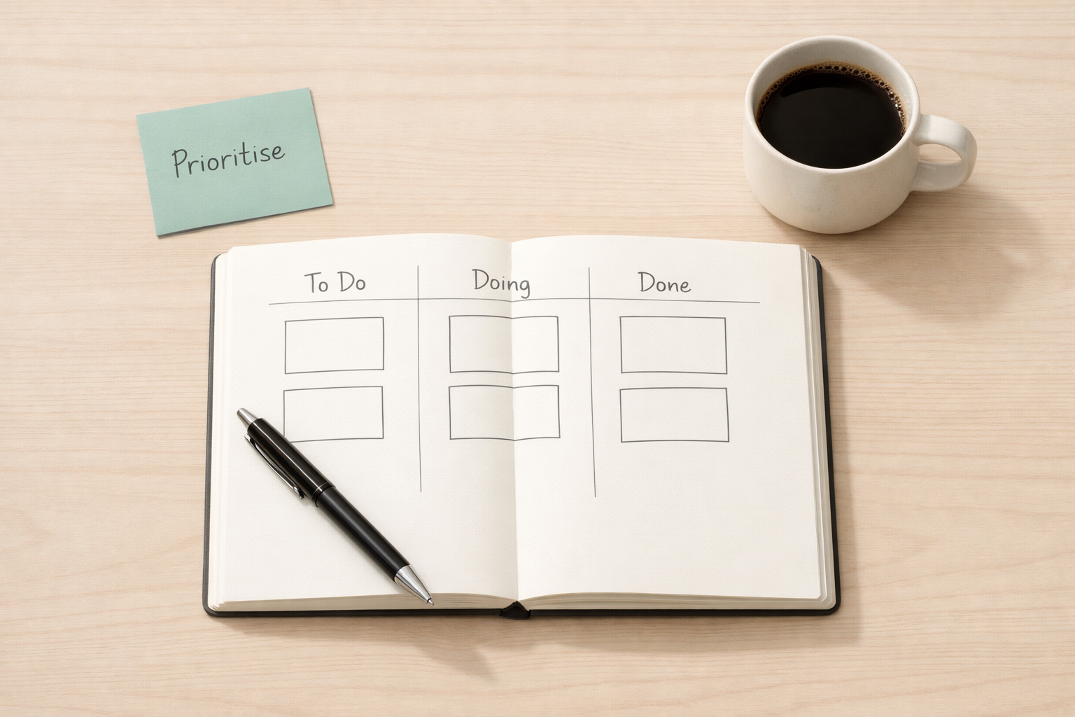 A minimalist flat-lay: a pale wooden desk with a single white notebook open to a clean kanban sketch, a black pen resting diagonally, a small ceramic mug of black coffee on the top-right, and soft natural light casting gentle shadows. The overall palette is neutral with a touch of muted teal on a sticky note that reads 'Prioritise', evoking calm, order and focused productivity.
