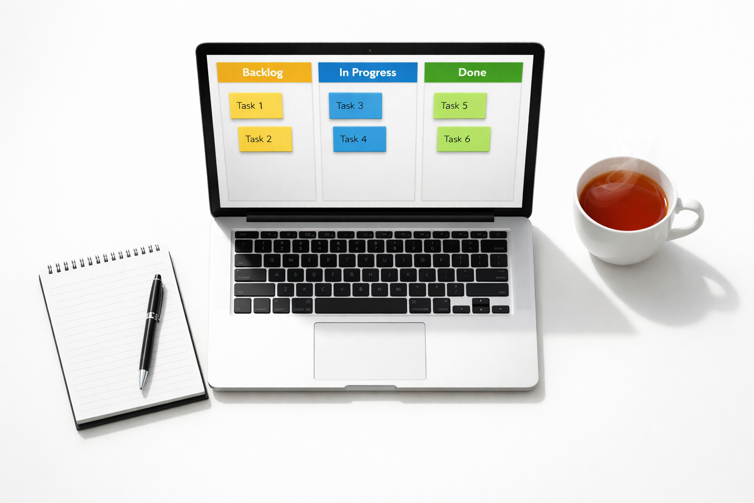 A minimalist, high-contrast image: a clean white desk seen from above with a single laptop displaying a kanban board, a neat notepad with a pen, and a steaming cup of tea to the side. The kanban board on screen shows three colourful columns — Backlog, In Progress, Done — with a few simple cards. Soft natural light casts gentle shadows, emphasising calm, focused productivity.