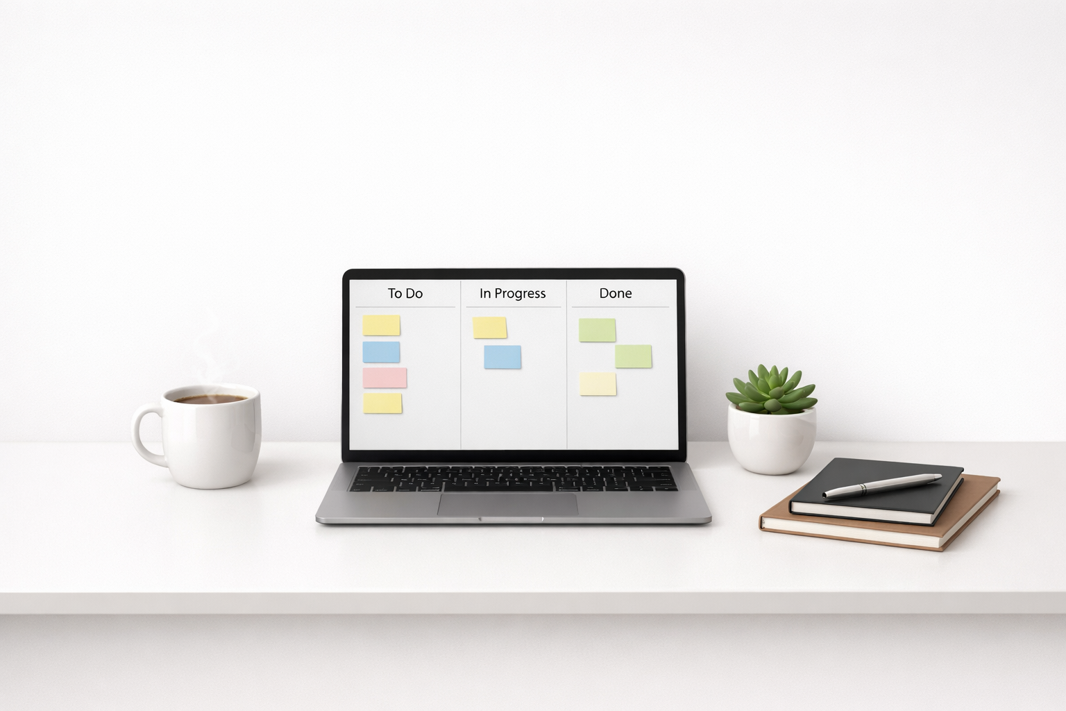 A minimalist image showing a single wide desk with a clean white background. On the desk sits a slim laptop displaying a simple kanban board with three columns (To Do, In Progress, Done). A ceramic mug of coffee steams gently to one side, a small potted succulent adds a touch of green, and a neatly stacked notebook with a pen completes the scene. The lighting is soft and natural, emphasising calm organisation and focused productivity.