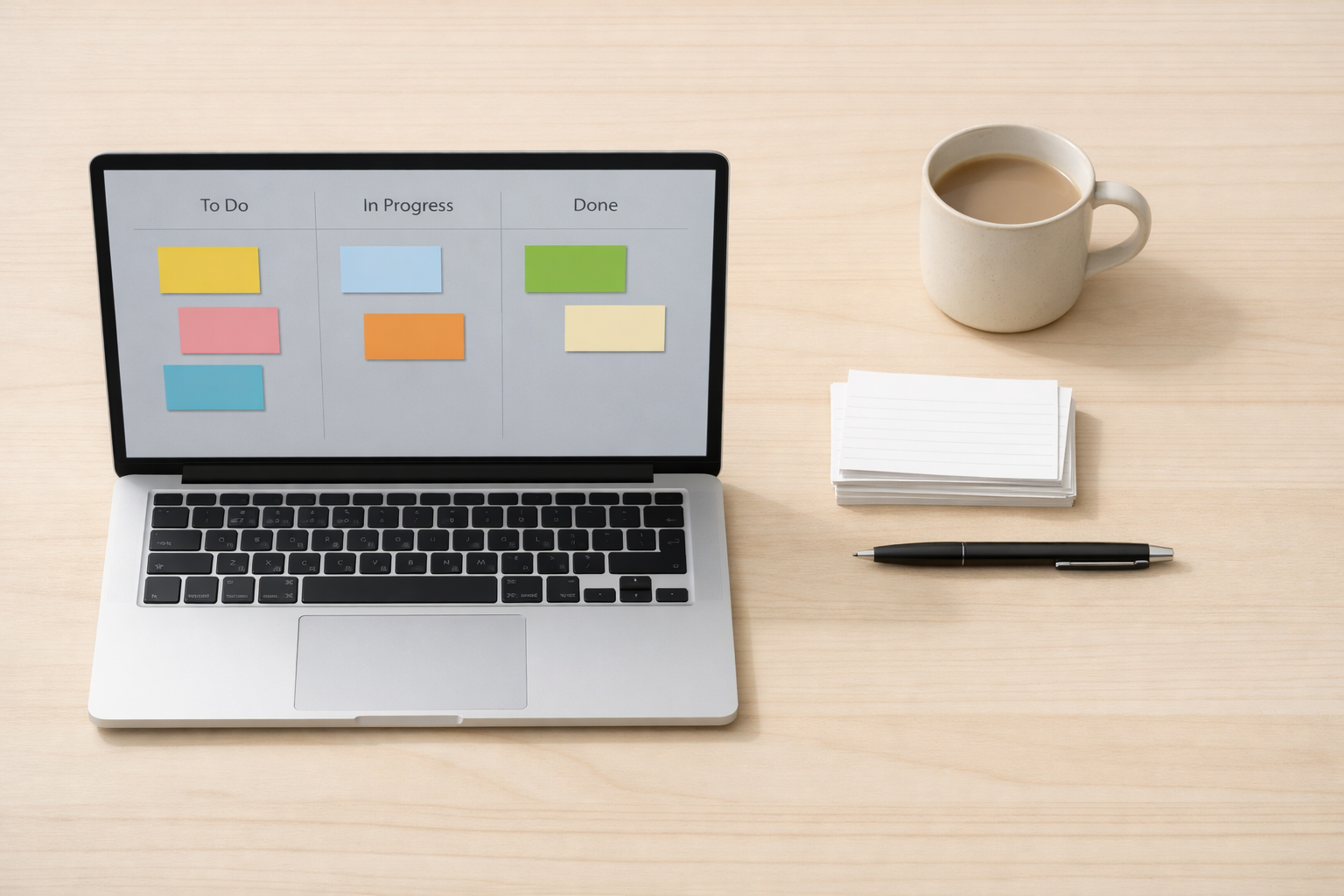 A minimalist scene: a pale wooden desk photographed from above, a slim laptop with a soft grey screen showing a simple kanban board with three columns and colourful rectangular cards. Beside it, a single ceramic mug with a thin rim, a small stack of neatly aligned index cards, and a black pen. The lighting is natural and cool, casting gentle shadows; the composition emphasises calm order and focus, reflecting the clarity a good project board brings.