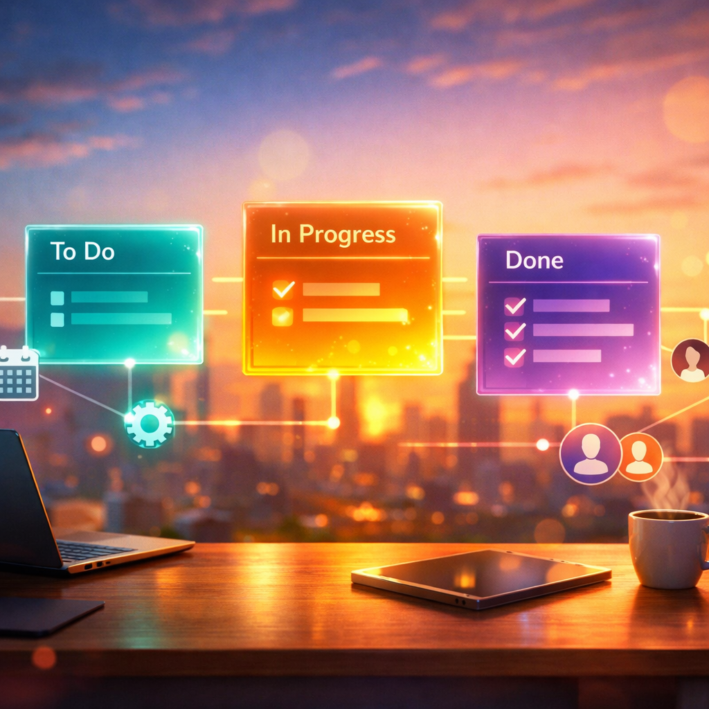 A vivid, artistic scene of a modern digital workspace: several translucent, colourful kanban cards float above a sleek wooden desk, each card glowing in different hues — teal, amber and violet — representing different projects. In the background, a soft-focus city skyline at dawn suggests forward momentum. Thin animated lines connect cards to small icons for calendar, automation gears and user avatars, implying integrations and teamwork. The overall palette is warm and optimistic, with subtle lens flares and a clean, minimalist UI overlay that hints at both simplicity and capability — an inviting visual metaphor for exploring Trello Alternatives.