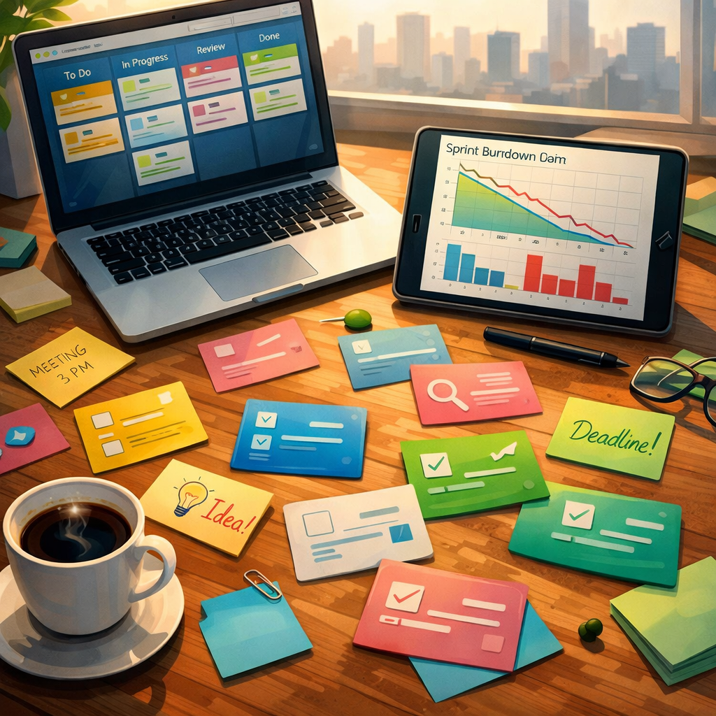 A vivid, artistic illustration of a modern office desk viewed from above: several colour‑coded kanban cards scatter across a wooden surface, interspersed with sticky notes, a laptop displaying a digital board, a tablet showing sprint burndown charts, and a coffee cup. Soft natural light streams in from the top left, casting warm shadows. In the background, a faint city skyline through a window hints at collaboration across teams and time zones. The overall palette uses muted blues and greens with bright accent colours on the cards, evoking organisation, clarity and energetic teamwork — an image that visually represents the search for the right Favro alternative.